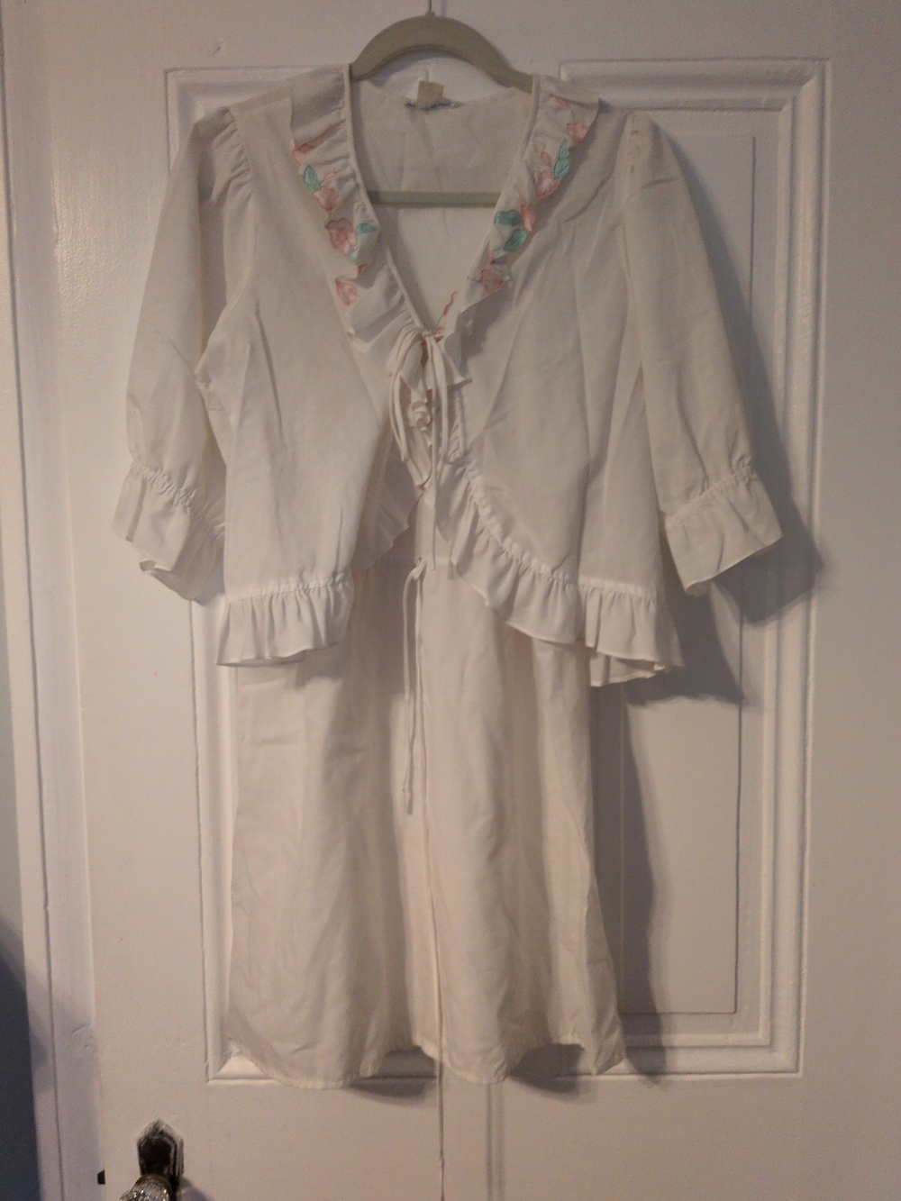Eve Stillman White Ruffle Dress with Pastel Floral Trim Matching Tie Front Robe